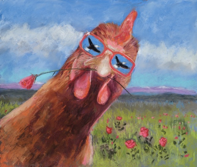 A whimsical Chiegoll figure in red glasses, surrounded by a sky and roses.